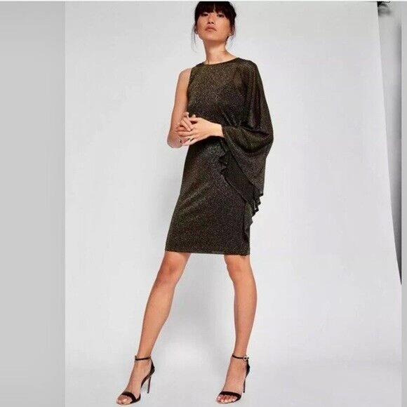 NWT Ted Baker Monyca Black Gold Metallic One Shoulder Draped Dress Size 4 - Picture 2 of 10